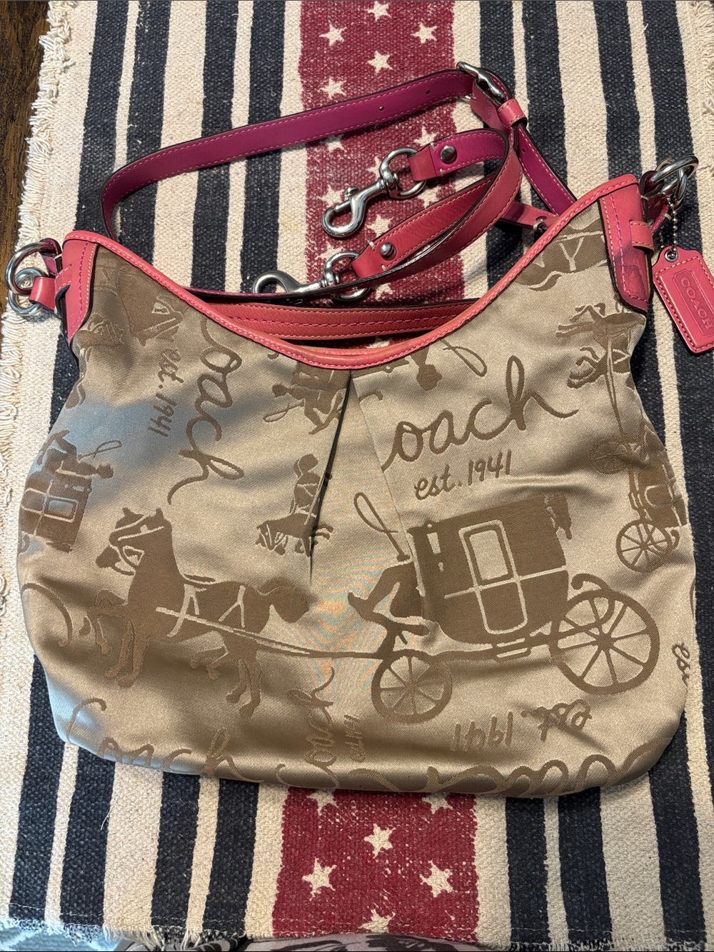 Coach Brown Signature Canvas Shoulder Bag with Pink Trim